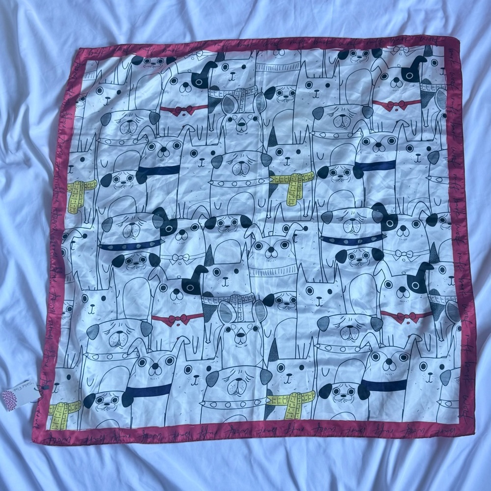 NWT Tickled Pink Brand Silk Scarf with Cute Dog Art Print on White w/ Red Border